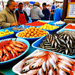 ** A vibrant Italian fish market scene. Include colorful displays of various seafood (shrimp, sea bream, sardines), fishmongers interacting with customers, and elements like fishing nets. Emphasize the sensory experience with bright colors and details suggesting fresh smells. Focus on Rialto Fish Market in Venice.

**