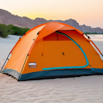A person in modest, practical outdoor clothing, fully clothed, standing beside a robust, well-ventilated tent pitched on a pristine, secluded white sand beach in Oman. The early morning light casts soft pink and orange hues across the sky and reflects on the calm, turquoise ocean. Nearby, a portable water tank and a small, compact camping stove are visible. The scene captures the tranquility and beauty of nature, safe for work, appropriate content, family-friendly, perfect anatomy, correct proportions, natural pose, well-formed hands, proper finger count, natural body proportions, professional photography, high quality.