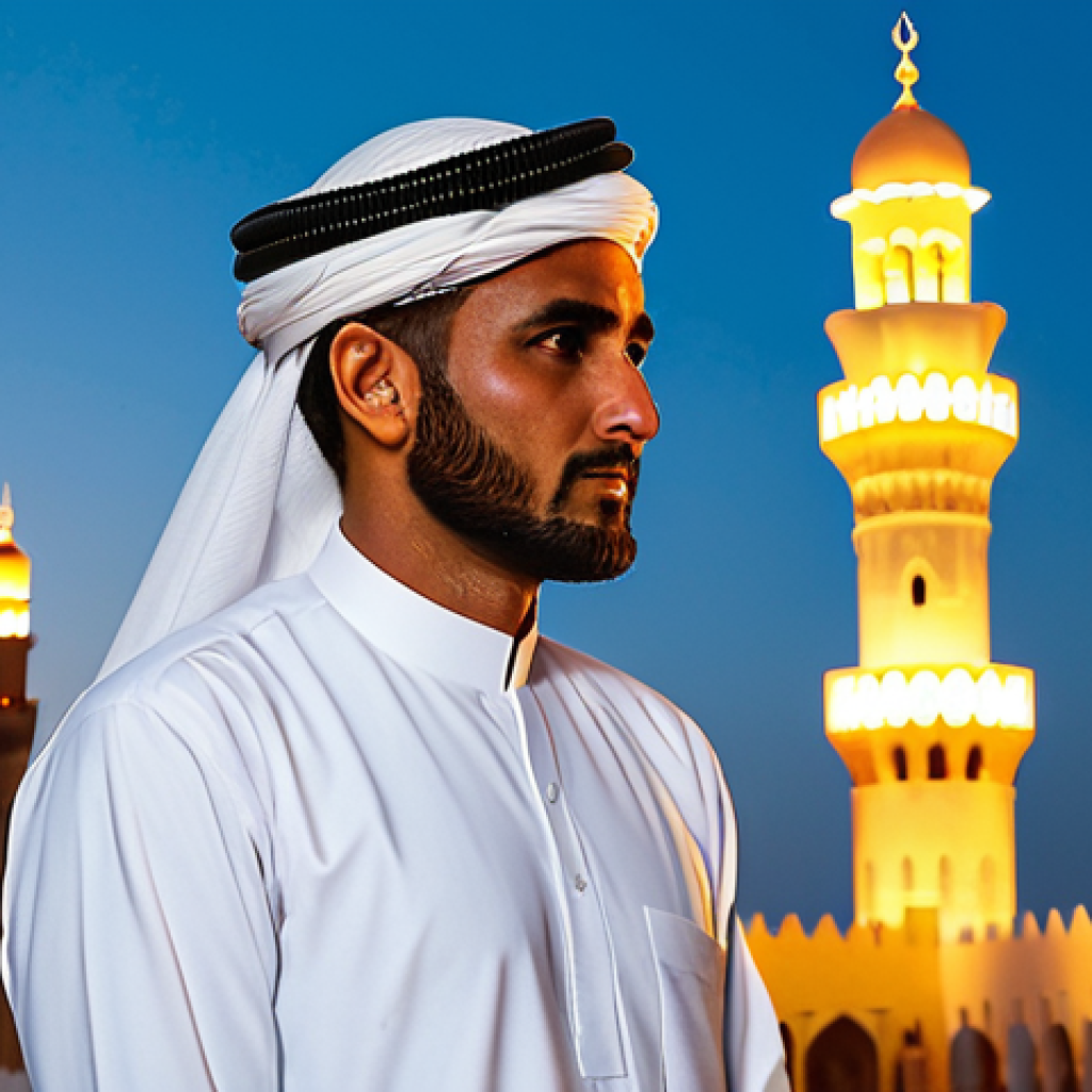 A dignified Omani man in an immaculate white dishdasha and a traditional muzzar, standing calmly with a contemplative expression, listening to the Adhan. The setting is a vibrant, historic street in Muttrah, Oman, at sunset, with warm golden light illuminating traditional Omani architecture. A beautifully designed mosque with its minaret is visible in the soft twilight background. High-quality professional photography, detailed, realistic, cinematic lighting, rich colors, deep focus. Fully clothed, modest clothing, appropriate attire, professional dress, perfect anatomy, correct proportions, natural pose, well-formed hands, proper finger count, natural body proportions, safe for work, appropriate content, family-friendly.