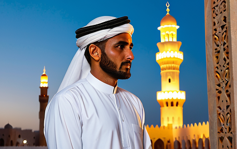 A dignified Omani man in an immaculate white dishdasha and a traditional muzzar, standing calmly with a contemplative expression, listening to the Adhan. The setting is a vibrant, historic street in Muttrah, Oman, at sunset, with warm golden light illuminating traditional Omani architecture. A beautifully designed mosque with its minaret is visible in the soft twilight background. High-quality professional photography, detailed, realistic, cinematic lighting, rich colors, deep focus. Fully clothed, modest clothing, appropriate attire, professional dress, perfect anatomy, correct proportions, natural pose, well-formed hands, proper finger count, natural body proportions, safe for work, appropriate content, family-friendly.