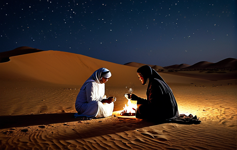 Beduin Culture & Desert Landscape**
"A fully clothed, professional photographer capturing a family-friendly scene of a Beduin family in traditional modest clothing, gathered around a small fire, drinking tea. The Wahiba Sands desert stretches in the background under a clear night sky filled with stars. Perfect anatomy, correct proportions, well-formed hands. Safe for work, appropriate content, professional, high quality."
**