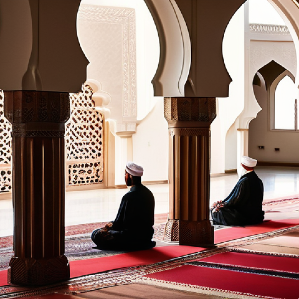오만의 종교와 관습 - **Prompt:** A serene and respectful interior view of a majestic Omani mosque, showcasing elements of...