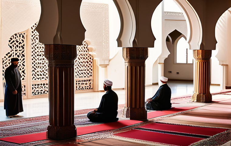 오만의 종교와 관습 - **Prompt:** A serene and respectful interior view of a majestic Omani mosque, showcasing elements of...