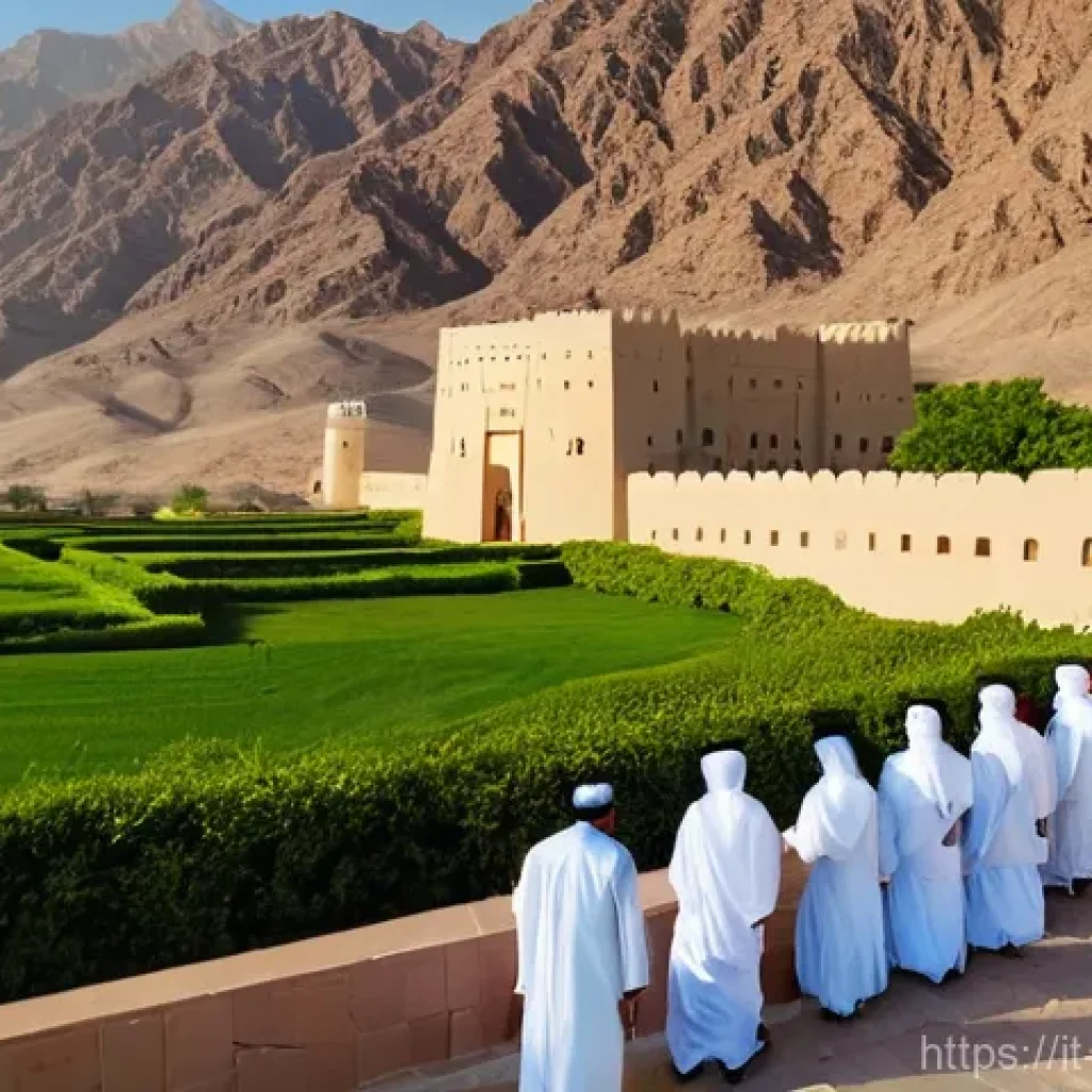 오만 니즈와 요새 - **Nizwa Fort's Timeless Majesty at Golden Hour:**
An awe-inspiring, wide-angle shot of Nizwa For...