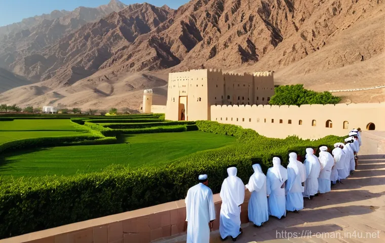 오만 니즈와 요새 - **Nizwa Fort's Timeless Majesty at Golden Hour:**
    An awe-inspiring, wide-angle shot of Nizwa For...