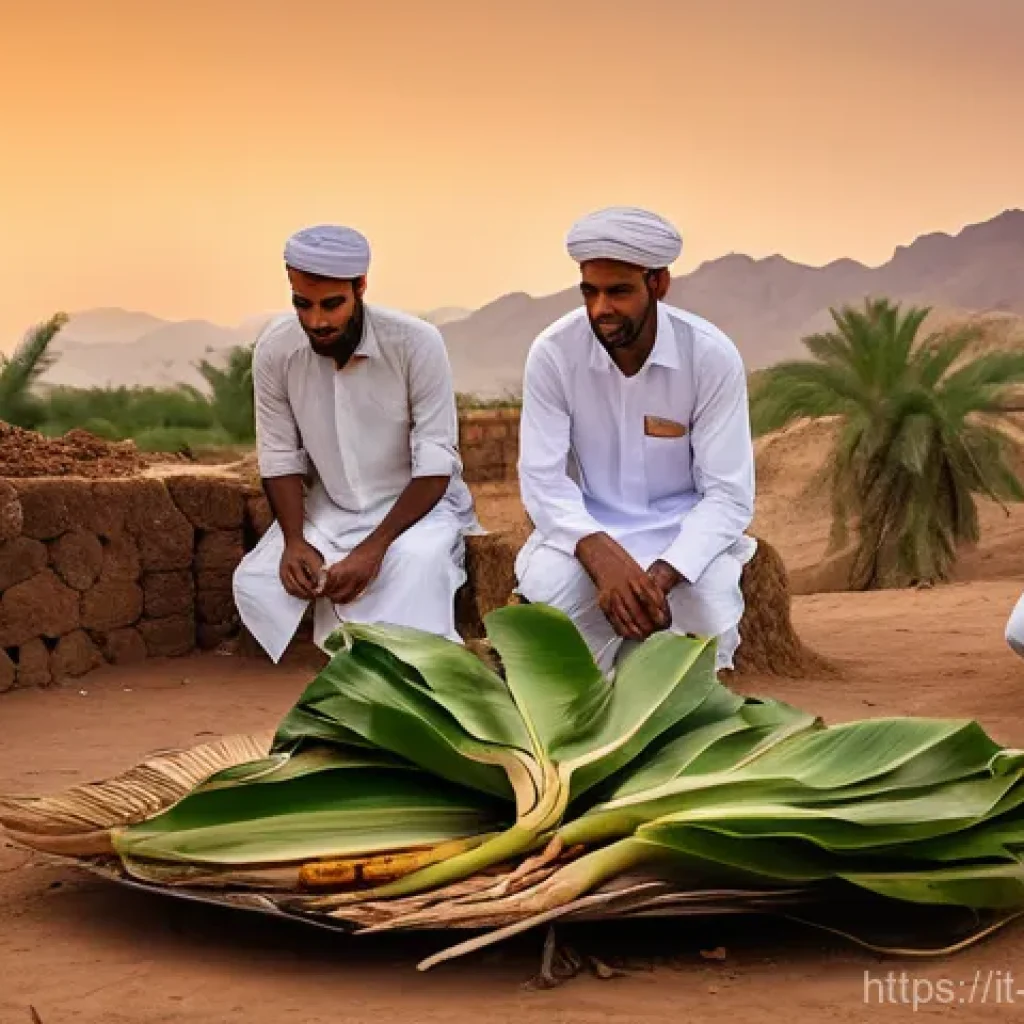 오만의 유행 요리법 - The Grand Revelation of Shuwa**
    A wide shot of a traditional Omani village setting at dusk. In t...