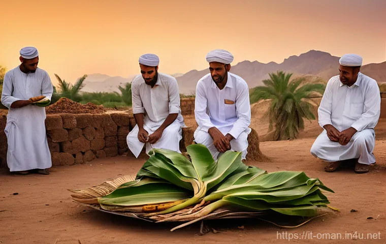 오만의 유행 요리법 - The Grand Revelation of Shuwa**
A wide shot of a traditional Omani village setting at dusk. In t...