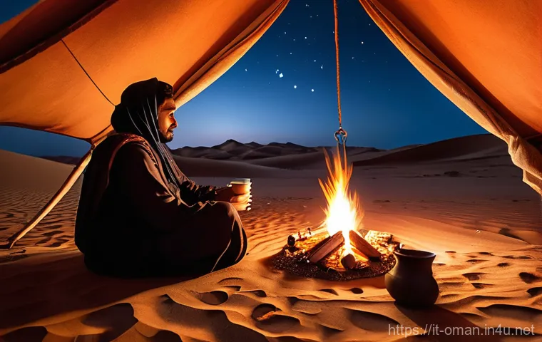 오만의 공항 및 국제선 - A breathtaking, ethereal nightscape of the Wahiba Sands desert in Oman. The sky is a deep, velvety i...