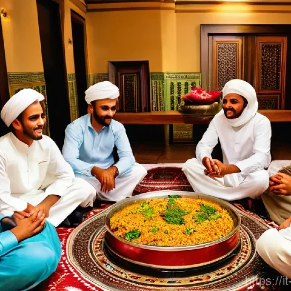오만의 독특한 공휴일 - **Omani Eid al-Fitr Family Feast**
    Generate an image of a joyful Omani family celebrating Eid al...