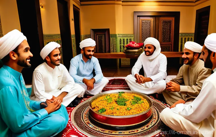 오만의 독특한 공휴일 - **Omani Eid al-Fitr Family Feast**
Generate an image of a joyful Omani family celebrating Eid al...