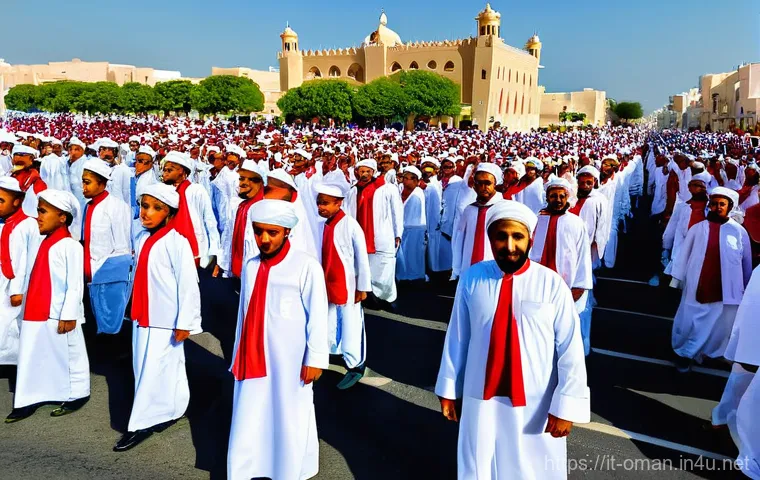 오만의 독특한 공휴일 - **Omani Eid al-Fitr Family Feast**
    Generate an image of a joyful Omani family celebrating Eid al...