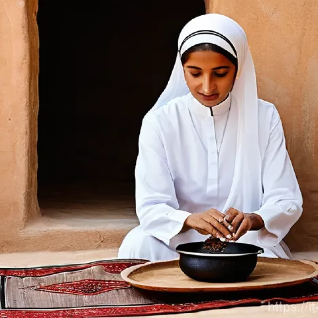 오만의 커피 문화와 유래 - **Prompt:** A serene, traditional Omani woman in a beautifully embroidered, modest 'dishdasha' and '...