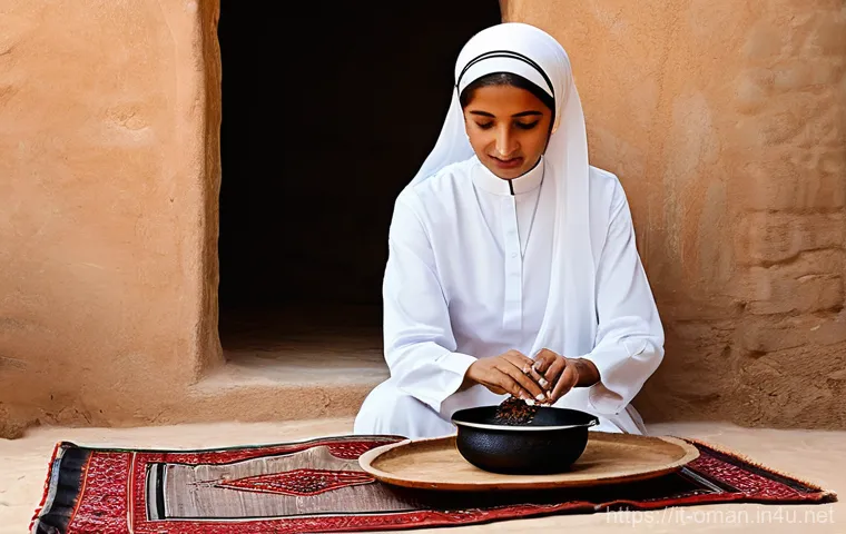 오만의 커피 문화와 유래 - **Prompt:** A serene, traditional Omani woman in a beautifully embroidered, modest 'dishdasha' and '...