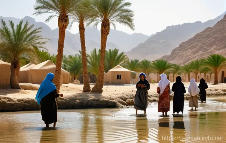 오만 농촌 지역 생활 - **Prompt:** A serene and picturesque scene in a traditional Omani village nestled amidst a lush date...