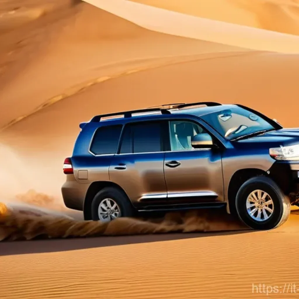 오만 내륙 사막 오프로드 여행 - **Image Prompt: Desert Dune Bashing at Golden Hour**
    A powerful 4x4 vehicle, specifically a rugg...