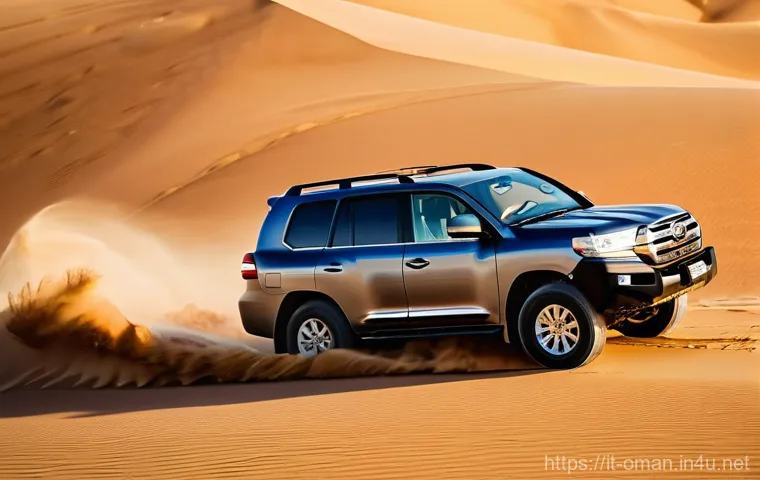 오만 내륙 사막 오프로드 여행 - **Image Prompt: Desert Dune Bashing at Golden Hour**
    A powerful 4x4 vehicle, specifically a rugg...