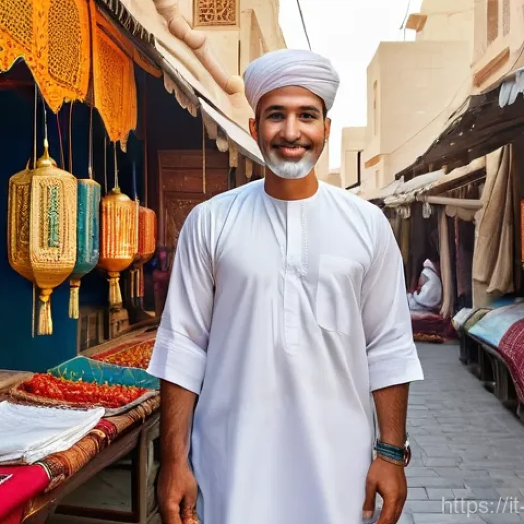 오만의 패션 산업 - **Prompt 1: "A dignified Omani man, around 30-40 years old, stands gracefully in the bustling Mutrah...