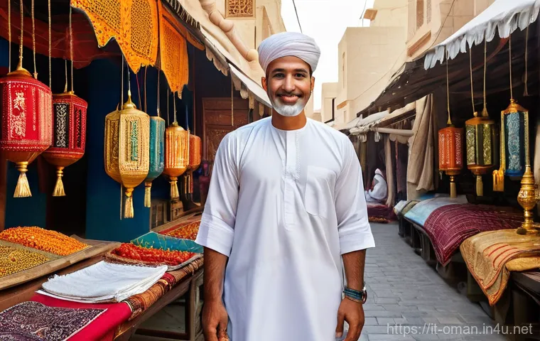 오만의 패션 산업 - **Prompt 1: "A dignified Omani man, around 30-40 years old, stands gracefully in the bustling Mutrah...