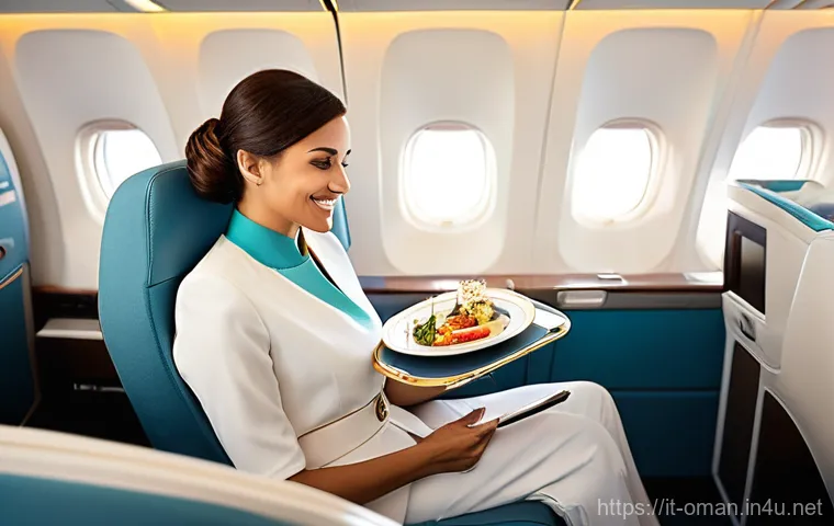 오만 항공편 및 환승 정보 - **Oman Air Cabin Comfort:** A serene, spacious Oman Air economy class cabin. An Italian female trave...