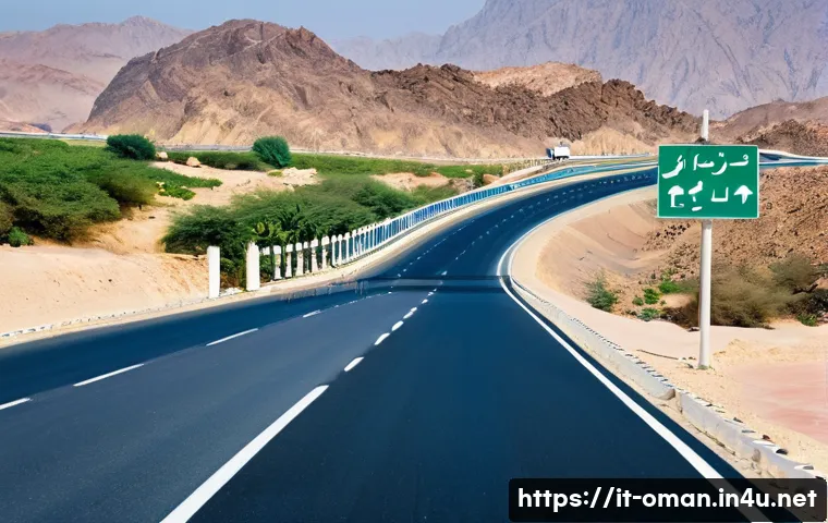오만의 고속도로 네트워크 - **Prompt 1: Modern Omani Highway Journey**
    "A stunning wide-angle shot of a sleek, multi-lane hi...
