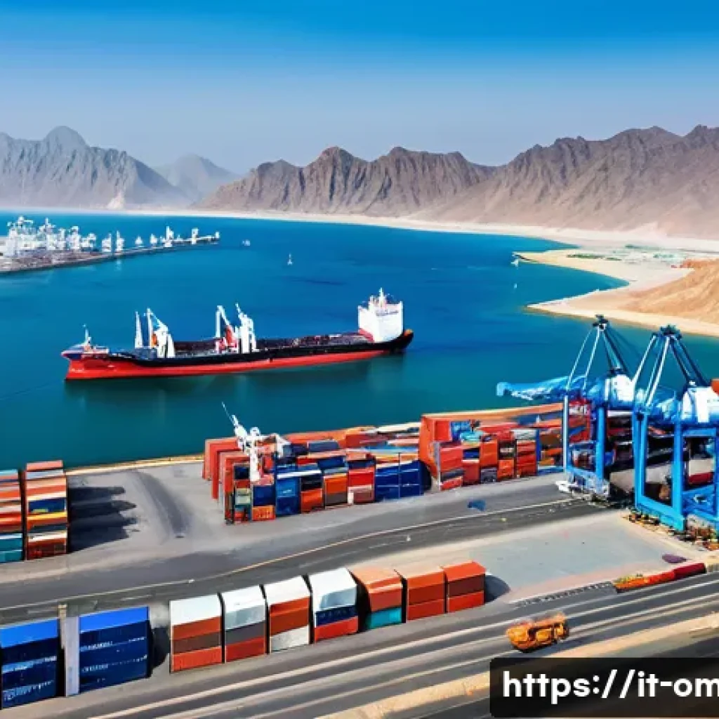 오만의 무역과 환율 - A bustling modern port scene at Salalah, Oman, showing large cargo ships docked with cranes unloadin...