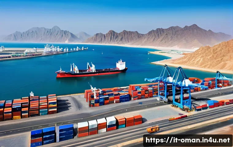 오만의 무역과 환율 - A bustling modern port scene at Salalah, Oman, showing large cargo ships docked with cranes unloadin...