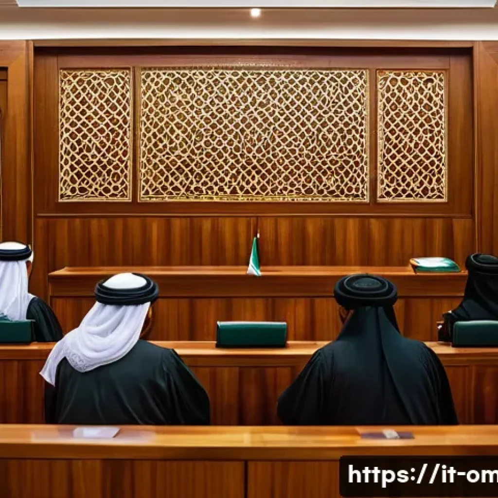 오만의 법률 체계 - A detailed courtroom scene in Oman showing a judge in traditional Omani attire (dishdasha and kummah...