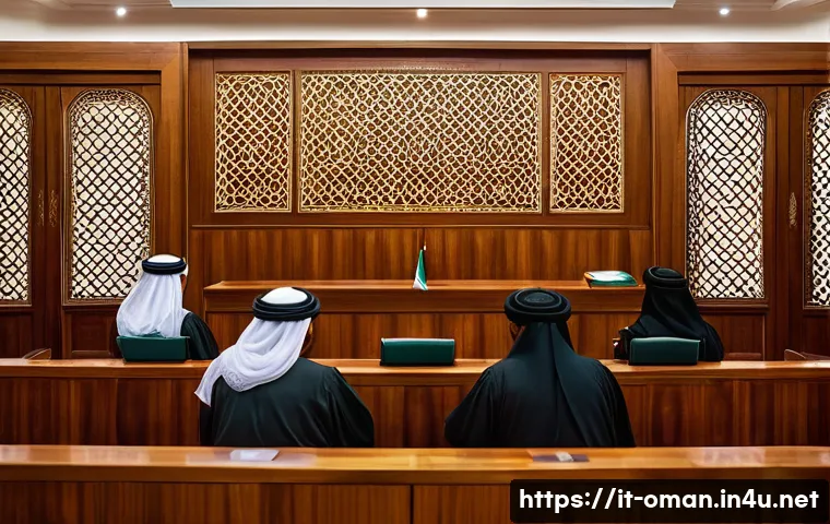 오만의 법률 체계 - A detailed courtroom scene in Oman showing a judge in traditional Omani attire (dishdasha and kummah...
