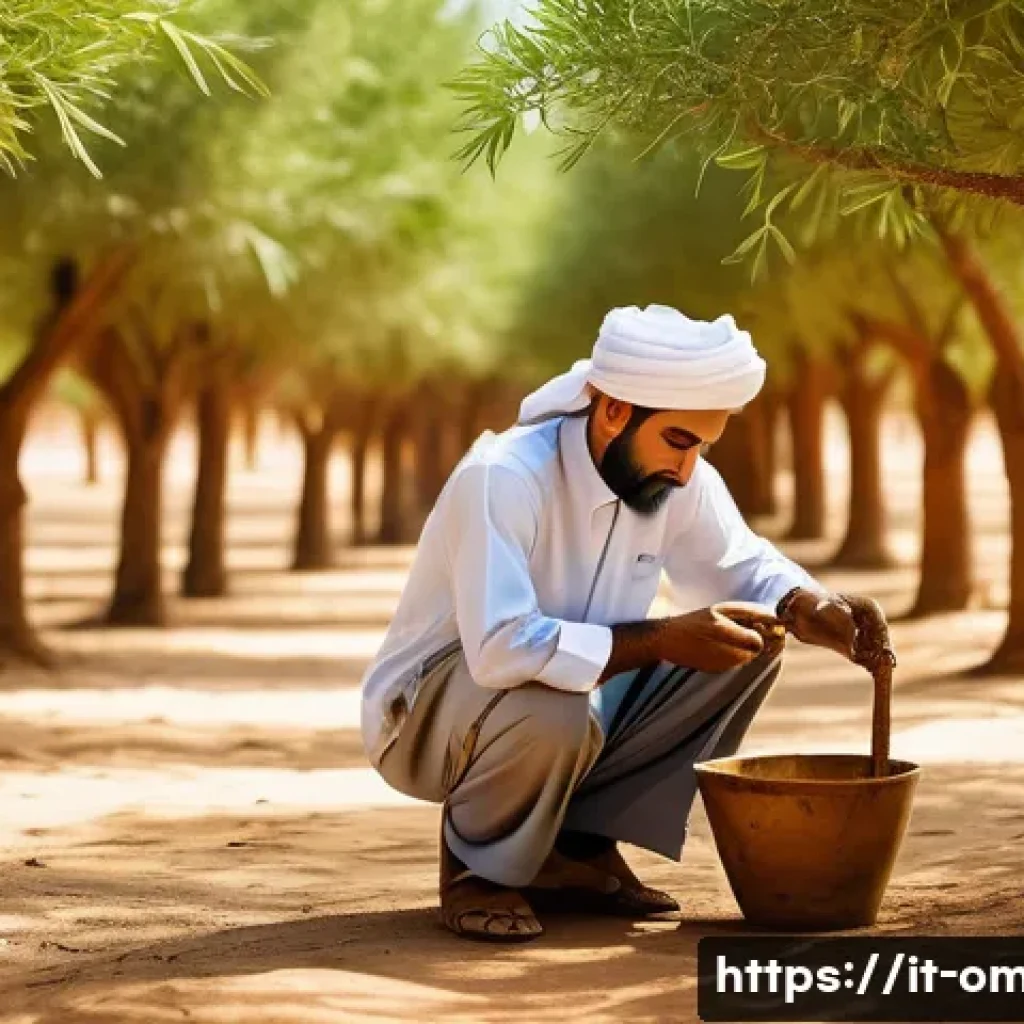 오만의 고유 향수 브랜드 - A serene, sunlit oud plantation in Oman showcasing rows of Aquilaria trees with rich, textured bark ...