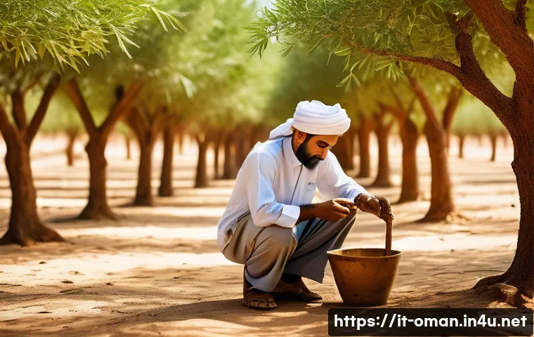 오만의 고유 향수 브랜드 - A serene, sunlit oud plantation in Oman showcasing rows of Aquilaria trees with rich, textured bark ...