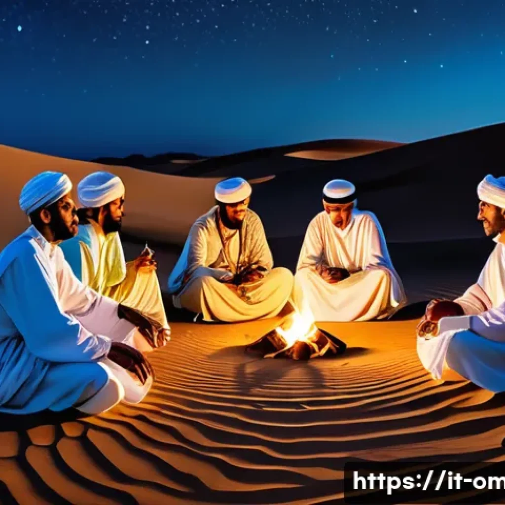 오만의 유명 시인과 작가 - A serene desert night scene depicting a group of Omani Bedouin poets and musicians gathered around a...