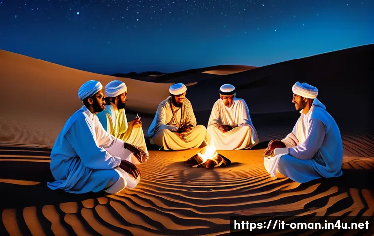 오만의 유명 시인과 작가 - A serene desert night scene depicting a group of Omani Bedouin poets and musicians gathered around a...