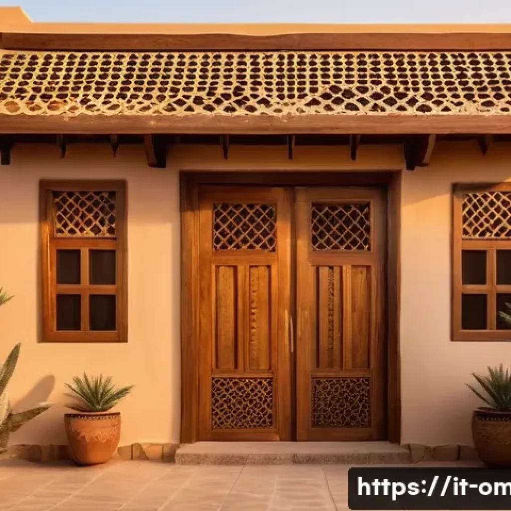 오만 여행 비용 절약 팁 - A cozy local guesthouse in Oman at sunset, featuring traditional Omani architectural elements like w...