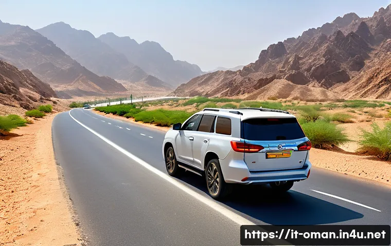 오만 도로 및 교통 정보 - A well-maintained highway in Oman during daylight, showing a modern SUV driving smoothly on an aspha...