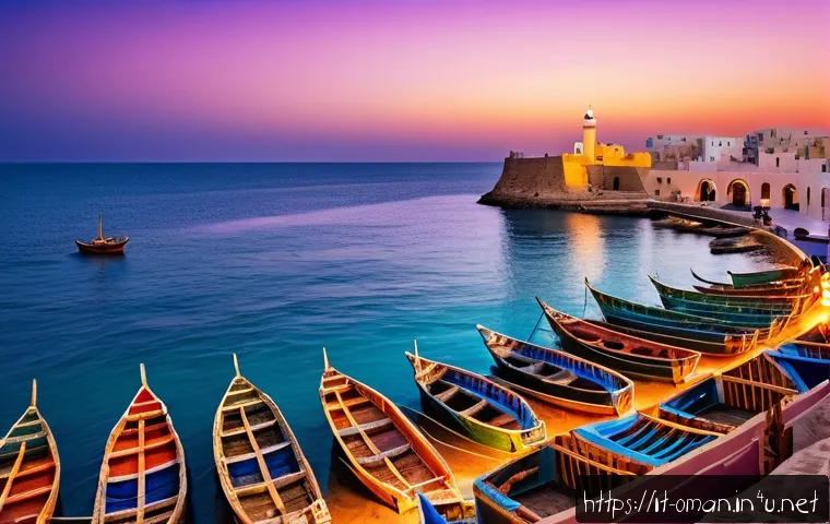 오만의 해안 도시 탐방 - A vibrant scene of Sur’s traditional harbor at sunset, showcasing skilled Omani shipbuilders craftin...