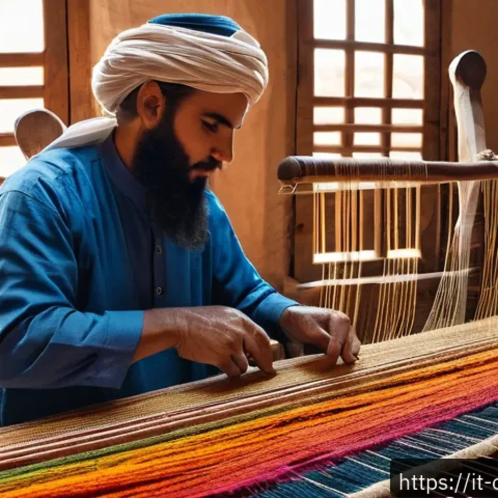 오만 공예품 제작 체험 - A skilled Omani artisan weaving traditional textiles on an ancient wooden loom, interlacing natural ...