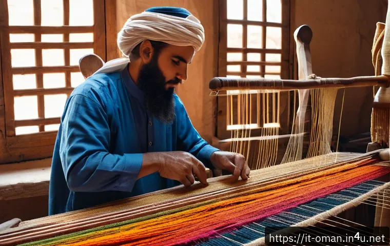 오만 공예품 제작 체험 - A skilled Omani artisan weaving traditional textiles on an ancient wooden loom, interlacing natural ...