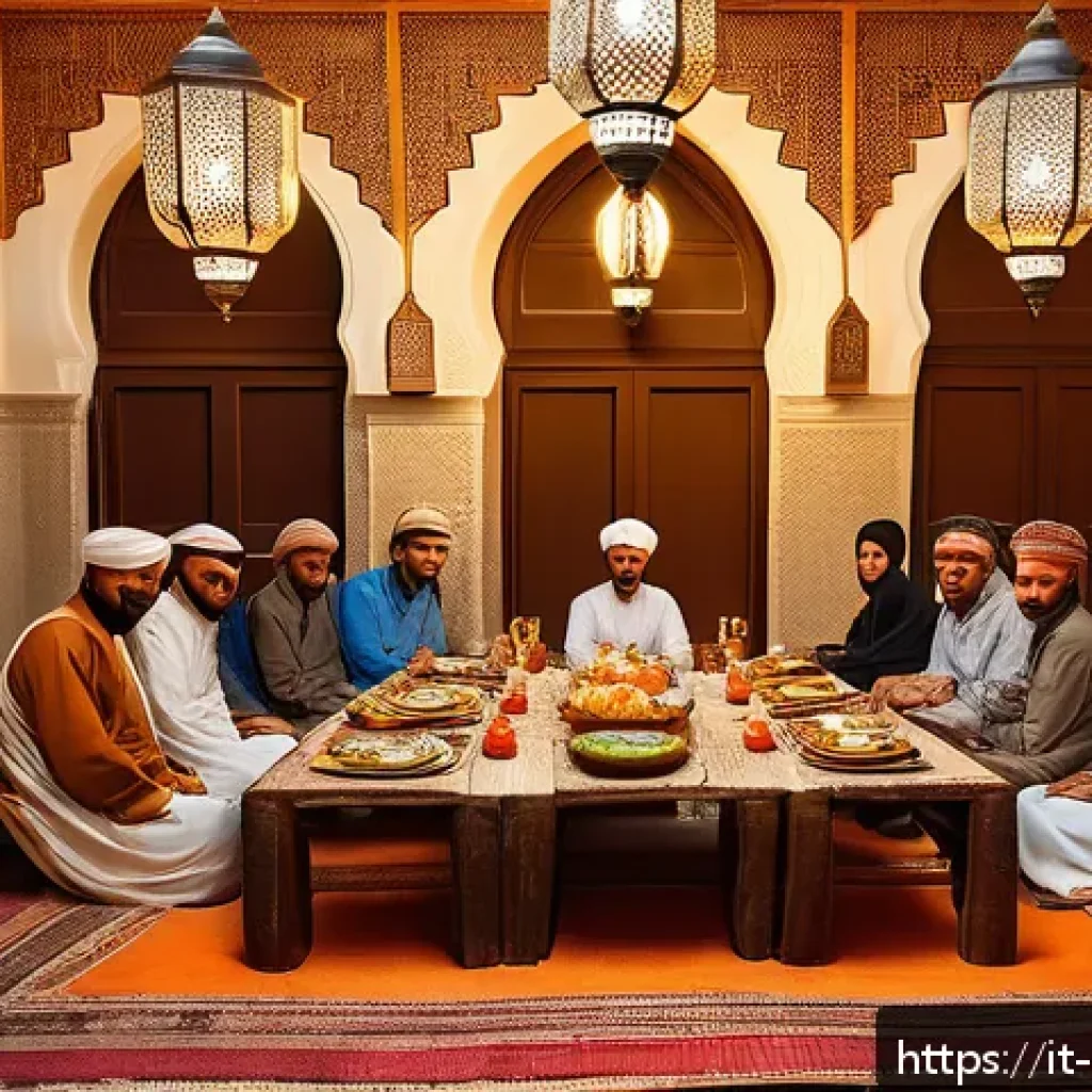 오만 요리 교실 체험 - A vibrant traditional Omani dining scene featuring a large family gathered on colorful floor cushion...