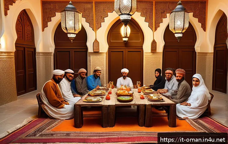 오만 요리 교실 체험 - A vibrant traditional Omani dining scene featuring a large family gathered on colorful floor cushion...