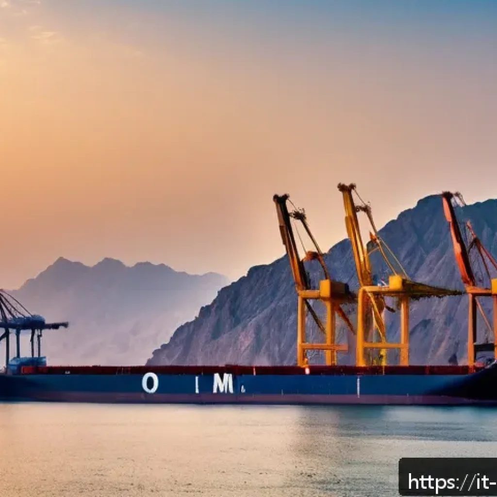 오만의 역사적 인물 - A panoramic view of Oman&rsquo;s strategic Strait of Hormuz coastline at sunset, showcasing modern maritim...