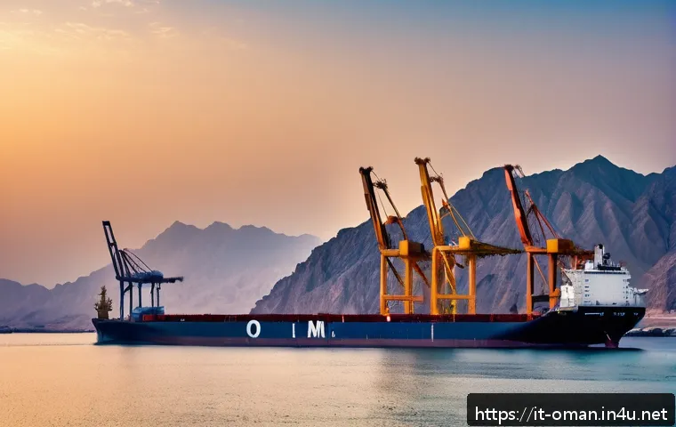오만의 역사적 인물 - A panoramic view of Oman&rsquo;s strategic Strait of Hormuz coastline at sunset, showcasing modern maritim...