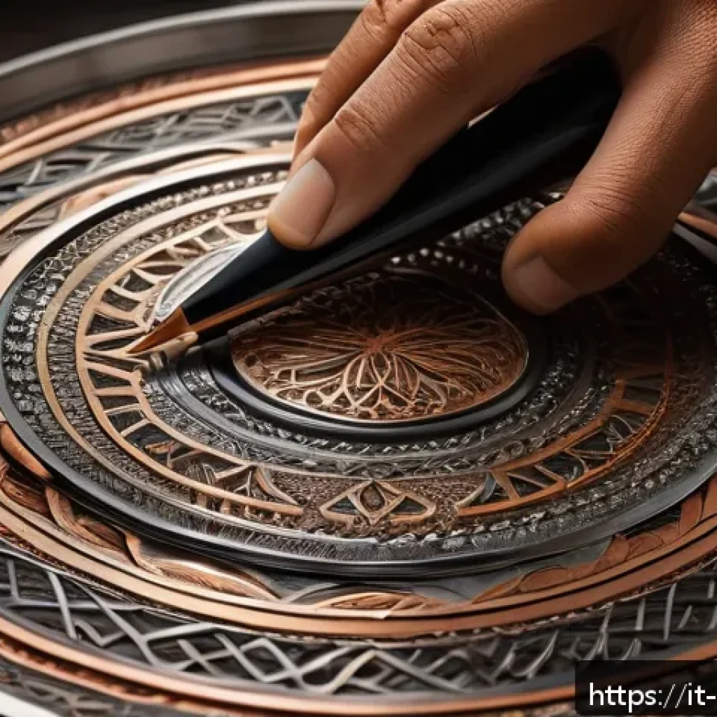 오만 이슬람 예술과 공예 - A highly detailed close-up of traditional Omani metalwork showcasing intricate hand engraving and ch...