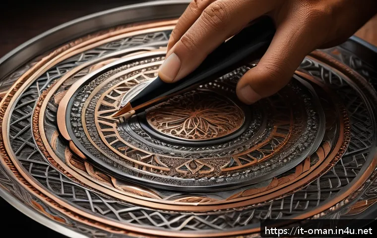 오만 이슬람 예술과 공예 - A highly detailed close-up of traditional Omani metalwork showcasing intricate hand engraving and ch...