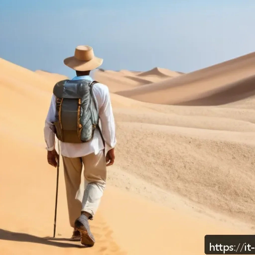 오만 방문 전 필수 준비물 - A respectful and modest traveler in Oman desert landscape, wearing light beige cotton long-sleeve sh...