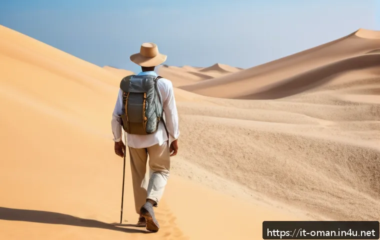 오만 방문 전 필수 준비물 - A respectful and modest traveler in Oman desert landscape, wearing light beige cotton long-sleeve sh...
