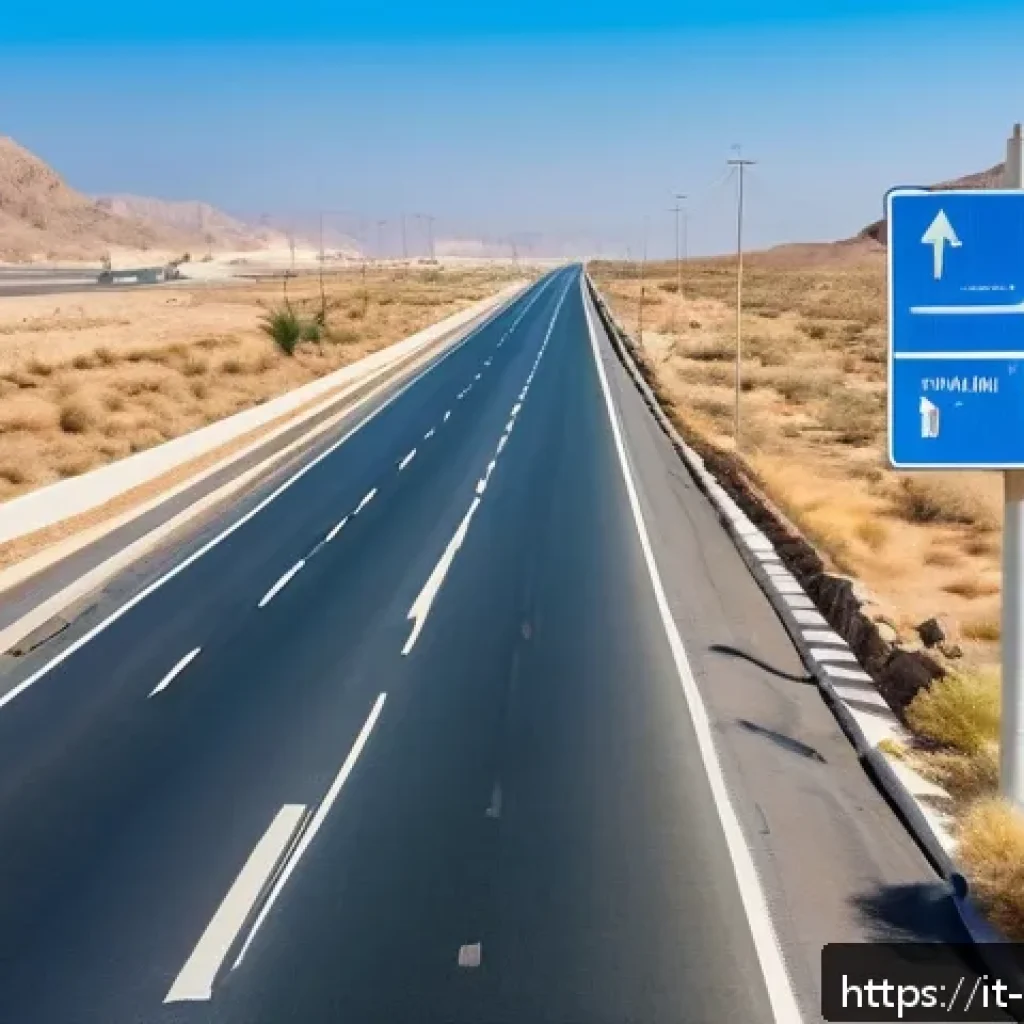 오만 운전 주의사항 - A detailed scene of a modern Omani highway during daylight, showing vehicles driving on the right si...