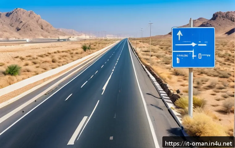 오만 운전 주의사항 - A detailed scene of a modern Omani highway during daylight, showing vehicles driving on the right si...