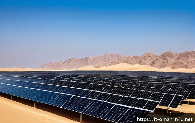 오만의 세계 기록 보유 사례 - A vast desert landscape in Oman featuring state-of-the-art solar power plants with rows of large sol...