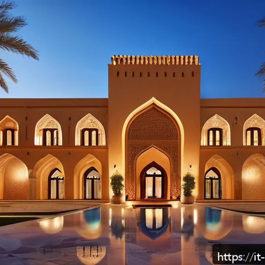 오만의 주요 호텔 및 숙박 시설 - A luxurious Omani hotel exterior blending traditional and modern architecture: elegant arches inspir...
