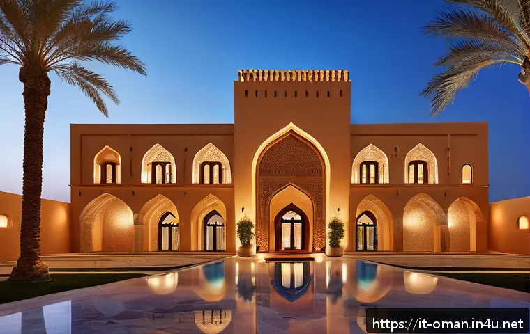 오만의 주요 호텔 및 숙박 시설 - A luxurious Omani hotel exterior blending traditional and modern architecture: elegant arches inspir...